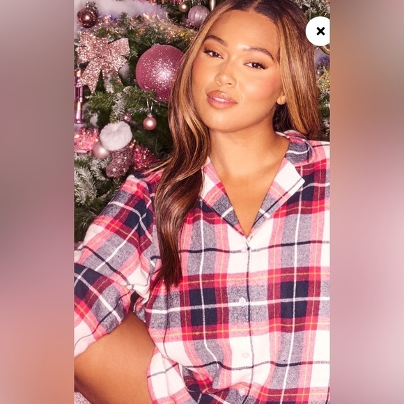 NWT WOMEN’S PLUS SIZE PRETTYLITTLETHING NAVY CHECKED LONG SLEEVE FLANNEL PJ 3XL - Picture 5 of 9